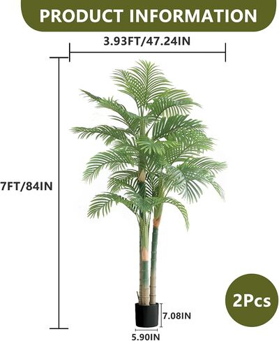 7FT Fake Palm Trees 2pcs, Artificial Golden Cane Palm Tree 84IN, Green Large Tropical Palm Fake Plant in Pot for Indoor Outdoor, Living Room Outside Patio Office Home Decor in Saudi Arabia