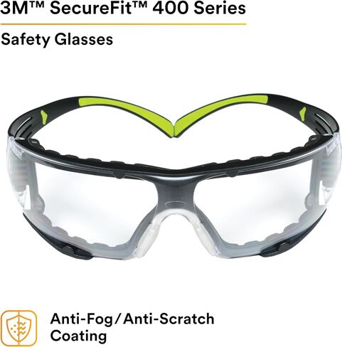 3M Safety Glasses for Men and Women, SecureFit 400, 1 Pair, Z87, Anti-Fog Anti-Scratch Clear Lens, Green/Black Frame, Polycarbonate, UV Protection, Flexible Temples, Removable Foam Gasket in Saudi Arabia