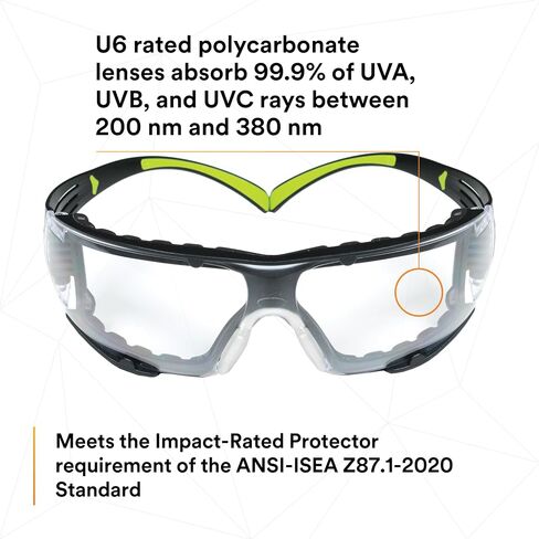 3M Safety Glasses for Men and Women, SecureFit 400, 1 Pair, Z87, Anti-Fog Anti-Scratch Clear Lens, Green/Black Frame, Polycarbonate, UV Protection, Flexible Temples, Removable Foam Gasket in Saudi Arabia