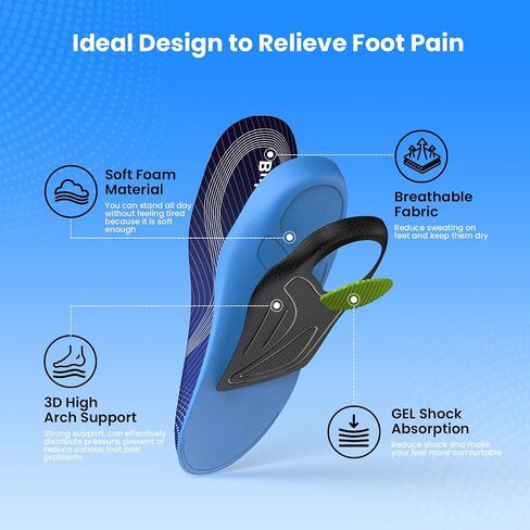 Bukihome Plantar Fasciitis High Arch Insoles，Orthotic Shoe Inserts for Foot Pain Heel Pain Fatigue Relief, Strong Orthotics Anti-Slip Breathable Insoles for Flat Feet, Fit Most Shoes, Men&Women,M in Kuwait