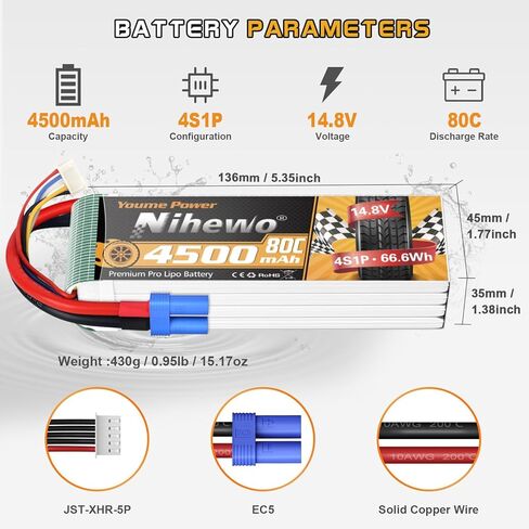 Nihewo 3s Lipo Battery 2packs 11.1v Lipo Battery 4500mAh 80C مع EC5 Plug متوافق مع Arrma Axial Losi Blade E-flite 1/10 و1/8 مقياس RC سيارة شاحنة مركبة طائرة هليكوبتر قارب نماذج خزان in Kuwait