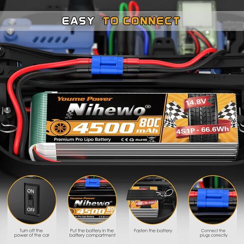 Nihewo 3s Lipo Battery 2packs 11.1v Lipo Battery 4500mAh 80C مع EC5 Plug متوافق مع Arrma Axial Losi Blade E-flite 1/10 و1/8 مقياس RC سيارة شاحنة مركبة طائرة هليكوبتر قارب نماذج خزان in Kuwait