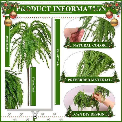 VAIPI 16 قطعة من فروع صنوبر نورفولك للكريسماس 45.72 سم اصطناعية لعيد الميلاد نورفولك من إبر الصنوبر فروع الصنوبر الخضراء وسيقان فروع صناعية لتزيين المنزل والحديقة in Kuwait