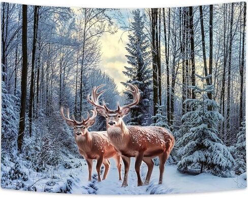 Merchr الشتاء نسيج الجدار شنقا الغزلان في أشجار الغابات الثلجية الطبيعة جدار البطانيات لغرفة النوم غرفة المعيشة النوم ديكور عيد الميلاد، 71x60 بوصة in Kuwait