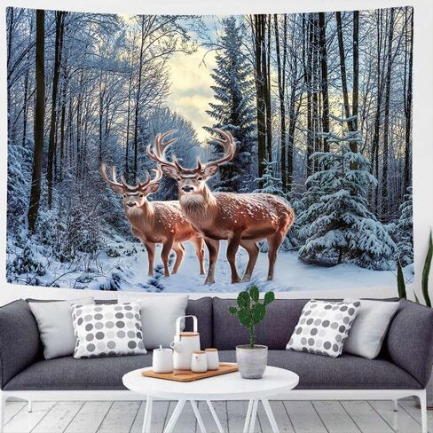 Merchr الشتاء نسيج الجدار شنقا الغزلان في أشجار الغابات الثلجية الطبيعة جدار البطانيات لغرفة النوم غرفة المعيشة النوم ديكور عيد الميلاد، 71x60 بوصة in Kuwait