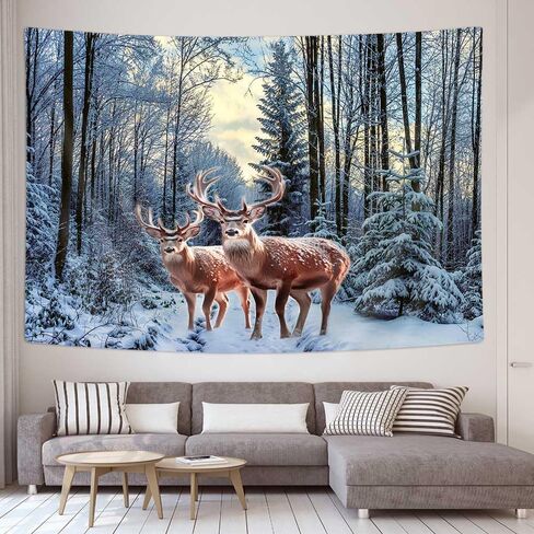 Merchr الشتاء نسيج الجدار شنقا الغزلان في أشجار الغابات الثلجية الطبيعة جدار البطانيات لغرفة النوم غرفة المعيشة النوم ديكور عيد الميلاد، 71x60 بوصة in Kuwait