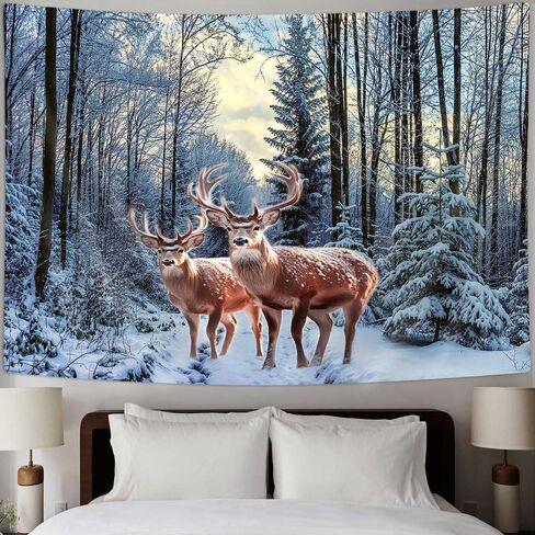 Merchr الشتاء نسيج الجدار شنقا الغزلان في أشجار الغابات الثلجية الطبيعة جدار البطانيات لغرفة النوم غرفة المعيشة النوم ديكور عيد الميلاد، 71x60 بوصة in Kuwait