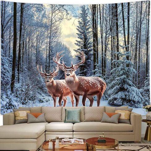 Merchr الشتاء نسيج الجدار شنقا الغزلان في أشجار الغابات الثلجية الطبيعة جدار البطانيات لغرفة النوم غرفة المعيشة النوم ديكور عيد الميلاد، 71x60 بوصة in Kuwait