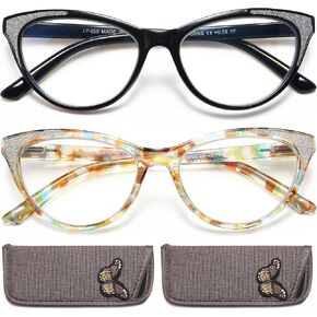 2 Pack Cat Eye Reading Glasses for Women Blue Light Blocking Computer Readers Fashion Eyeglasses with Comfort Spring Hinges, 1.0