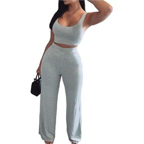 ECDAHICC Womens 2 Piece Outfits Tracksuit Solid Color Tank Sleeveless Crop Top and Wide Leg Loose Long Pants Sweatsuit Set