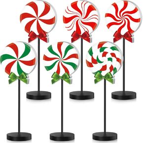 Wenqik 6 Pcs Christmas Table Decorations Wood Candy Set Wooden Signs Centerpiece Xmas Wood Blocks Rustic Tiered Tray Farmhouse Decor Tabletop Decorative for Home Tables(Lollipop)