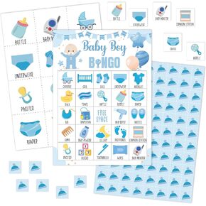 Baby Shower Bingo Games Cards, Blue Balloons Bingo Game Set, Boho Baby Shower Bingo Supplies for Adults Family Friends, Pregnancy Announcement/Gender Reveal Party Decorations -24