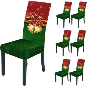 Bnitoam 6 Pieces Christmas Dining Chair Covers Stretch Printed Parsons Chair Slipcovers Seat Protector for Holiday Decoration Party Kitchen Dining Room (Green Bell)