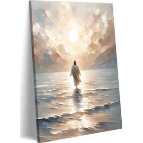 Jesus Walking on Water Canvas Wall Art Jesus Walking on Water Back Wall Decor Pictures Jesus Christian Posters Prints for Living Room Bedroom Church Home Decorations Ready to Hang Canvas 12inx16in