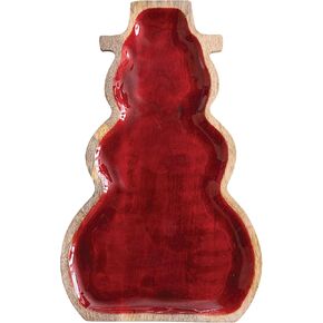 Creative Co-Op Enameled Mango Wood Snowman Shaped Tray, Red and Natural