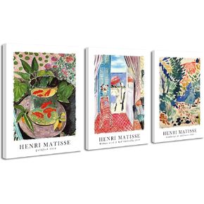 Wieco Art Canvas Wall Art Set of 3 Henri Matisse Aesthetic Posters Woman with A Red Umbrella Goldfish Landscape at Collioure Art Exhibition Matisse Prints Posters for Home Decorations