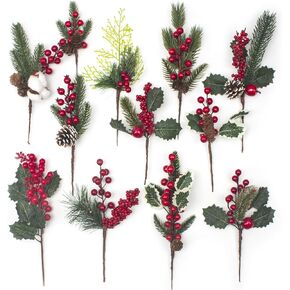 12 Kinds Artificial Christmas Picks - Assorted Red Berry Picks, Faux Pine Picks Spray with Pinecones & Holly Leaves for Stunning Floral Arrangement & Wreath Winter Holiday Season Decor