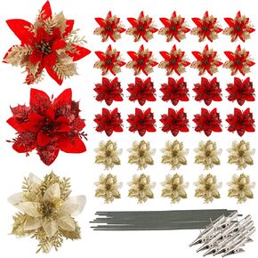 frcctre 30 حزمة 5 بوصة عيد الميلاد بريق البونسيتة الزهور، بريق عيد الميلاد الزهور الاصطناعية الزينة مع مقاطع وينبع شجرة عيد الميلاد الحلي لعيد الميلاد حفل زفاف إكليل ديكور in Kuwait