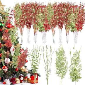 Libima 36 Pcs Christmas Glitter Berries Stems 15 Inch Xmas Artificial Pine Needles Floral Picks Sprays Glittery Curly Twigs Branches Ornaments for Xmas Tree DIY Crafts Wreath Vase Filler (Gold)