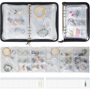 High Efficiency Jewelry Storage Book, Travel Jewelry Case Portable Jewelry Binder with Zipper Bags and Clear Pockets, Transparent Jewelry Organizer Book for Earrings Rings Necklaces Bracelets