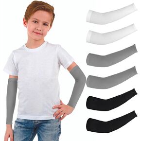 3 Pairs Kids Arm Sleeves, UV Sun Protection Arm Sleeves for Men Women Upf 50 Compression Cooling Sleeves Outdoor Sport Breathable Elastic Ice Sleeve for Youth Boys Girls Sports (Black White Grey)