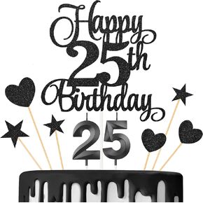 25th Birthday Cake Decorations, 25th Birthday Candles Cake Numeral Candles and Glitter Happy 25th Birthday Cake Toppers Set for Birthday Party Supplies (Black)