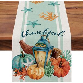 Seliem Thanksgiving Pumpkin Starfish Coral Table Runner, Thankful Cornucopia Sea Ocean Fall Coastal Kitchen Dining Table Decor, Autumn Nautical Home Decoration Indoor Outdoor Party Supply 13x72 Inches