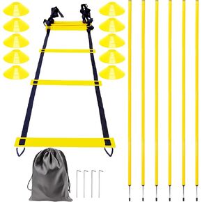 Soccer Agility Training Poles Equipment: 6 Pcs 5FT Adjustable Soccer Agility Poles, 20 FT Agility Ladder, 10 Soccer Cones, Soccer Training Sticks for Speed and Agility Training
