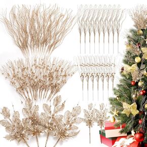 Serwalin 32 PCS Christmas Tree Picks Filler,Artificial Glitter Berry and Flowers Stem Branches Picks and Sprays for Xmas Tree Picks Decorations DIY Xmas Wreath, Crafts, Holiday Home Decor (Champagne)