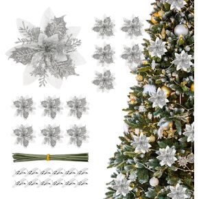 White Christmas Ornaments,12pcs Poinsettias Artificial Christmas Flowers,White Ornaments for Christmas Tree Decorations,Christmas Flower Picks,Glitter Poinsettia Christmas Decorations Xmas Ornaments