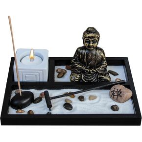 Basic Fundamentals Zen Garden Deluxe Desk Meditation Garden Buddha Statue with Tea Light Holder, Incense Holder, Incense, Rocks, Sand, and Rake (Candle Not Included)