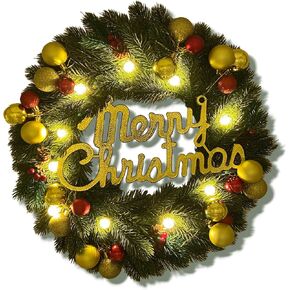 Christmas Wreath for Front Door,Artificial Pine Needles,Pine Cones, Red Berries,18-inch Pre-Assembled with Colorful Christmas Balls and Crystal Lights for Home Party, Indoor and Outdoor Decoration