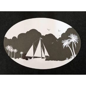Sailboat & Palm Trees - Decorative Window Vinyl “Etched" Glass Cling Decal – 8" x 12". Objects are Opaque – Background is Clear