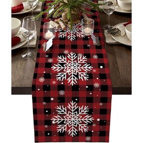 Christmas Table Runner-Red Black Buffalo Plaid Check snowflake-Cotton Linen-Winter Dinner Scarf Décor,Long 90 Inch Holiday Dresser Scarves,Farmhouse Xmas Kitchen Coffee/Dining Living Room Tablerunner
