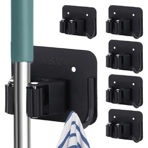 5 Pack Broom Holder with Adhesive Pads Stainless Steel Rust Resistant Broom Hanger with Hooks Heavy Duty Mop Holder Wall Mount for Bathroom Kitchen Laundry Room Garage Tool Organizer - Black