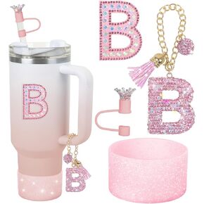 JUNIQUTE Pink Diamond Letter Charms Accessories For Handle Set,Bottom Protector for 40oz 30oz Stanley Cup Diamond Crown Straw Cover & Diamond Sticker (M)