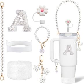 Cup Accessories Set for Stanley- Including Water Bottle Carrying Pearl Strap, Handle Letter Charms Sticker, Siliocne Cup Boot Straw Cover for Stanley Cup 40oz & 30oz Tumbler Accessory Kit R