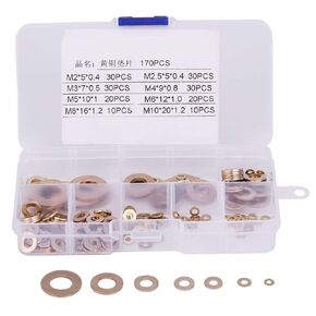 180pcs Flat Brass Washer Set, Metric Copper O Ring Assortment Flat Sealing Ring Assorted Set Professional Hardware with Storage Box