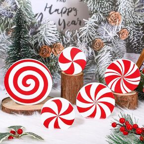 Whaline 5Pcs Christmas Wooden Candy Tabletop Decor Xmas Farmhouse Red Lollipop Tiered Tray Decor for Home Party Supplies (3.4 inch, 3.9 inch, 5.1 inch)