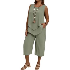 SHENHE Women's Plus Size 2 Piece Summer Outfits Crew Neck Tank Top Tunic Shirt and Capri Pants Set