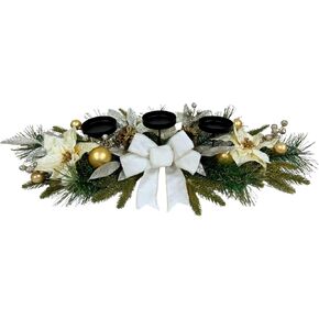Christmas Candle Holder Christmas Candle Centerpiece 3 Candle Holders with White Poinsettia Flowers Decorative Bow Glitter Pine Branches Pinecones for Tabletop Centerpiece Decorations Holiday