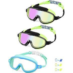 Kids Goggles 3 Packs, Wide View Anti Fog&UV Kids Swim Goggles for Age 3-15
