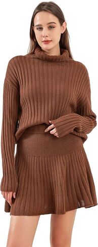 Women's Fall 2-Piece Knit Ribbed Long Sleeve Turtleneck Sweater Mini Pleated Skirt Casual Winter Suit in Saudi Arabia