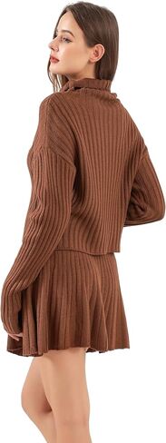 Women's Fall 2-Piece Knit Ribbed Long Sleeve Turtleneck Sweater Mini Pleated Skirt Casual Winter Suit in Saudi Arabia