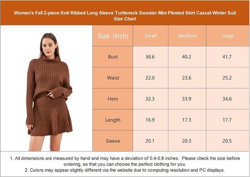 Women's Fall 2-Piece Knit Ribbed Long Sleeve Turtleneck Sweater Mini Pleated Skirt Casual Winter Suit in Saudi Arabia