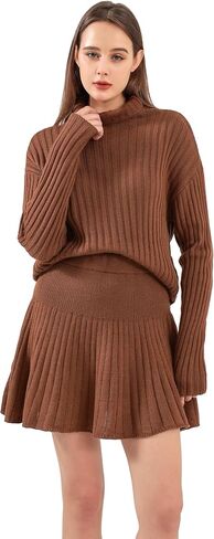 Women's Fall 2-Piece Knit Ribbed Long Sleeve Turtleneck Sweater Mini Pleated Skirt Casual Winter Suit in Saudi Arabia