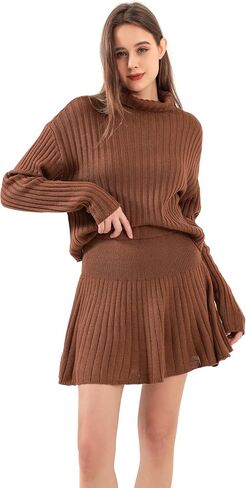Women's Fall 2-Piece Knit Ribbed Long Sleeve Turtleneck Sweater Mini Pleated Skirt Casual Winter Suit in Saudi Arabia