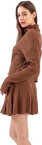 Women's Fall 2-Piece Knit Ribbed Long Sleeve Turtleneck Sweater Mini Pleated Skirt Casual Winter Suit in Saudi Arabia