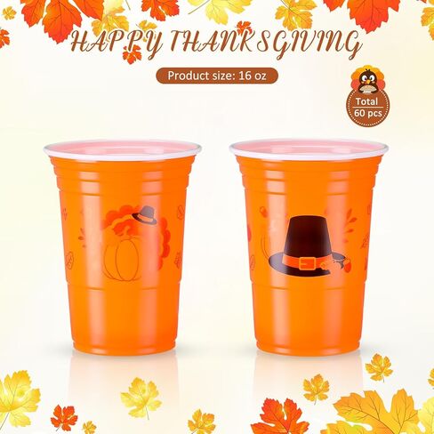 Sliner 60 Pieces 16 oz Thanksgiving Plastic Cups Thanksgiving Party Supplies Orange Thanksgiving Disposable Cups Bulk Pumpkin Cups for Juice Coffee Fall Dinner Autumn Harvest Party Decor in Saudi Arabia