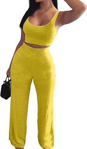 ECDAHICC Womens 2 Piece Outfits Tracksuit Solid Color Tank Sleeveless Crop Top and Wide Leg Loose Long Pants Sweatsuit Set in Saudi Arabia